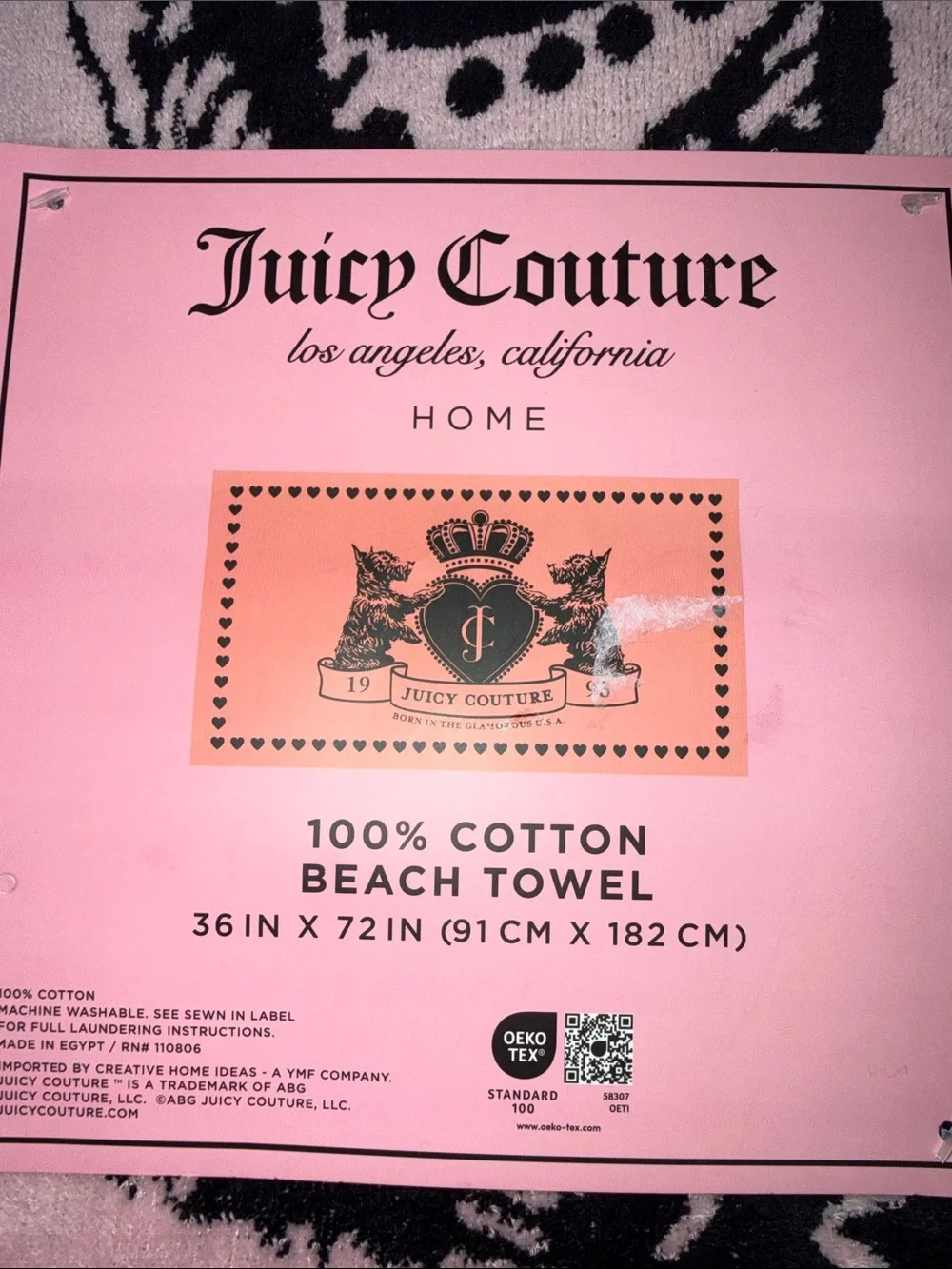 Juicy Couture Black and Pink Signature Logo Beach Towel